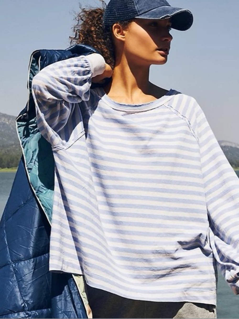 Free People Movement Striped Light Blue & White Long Sleeve Women's Top